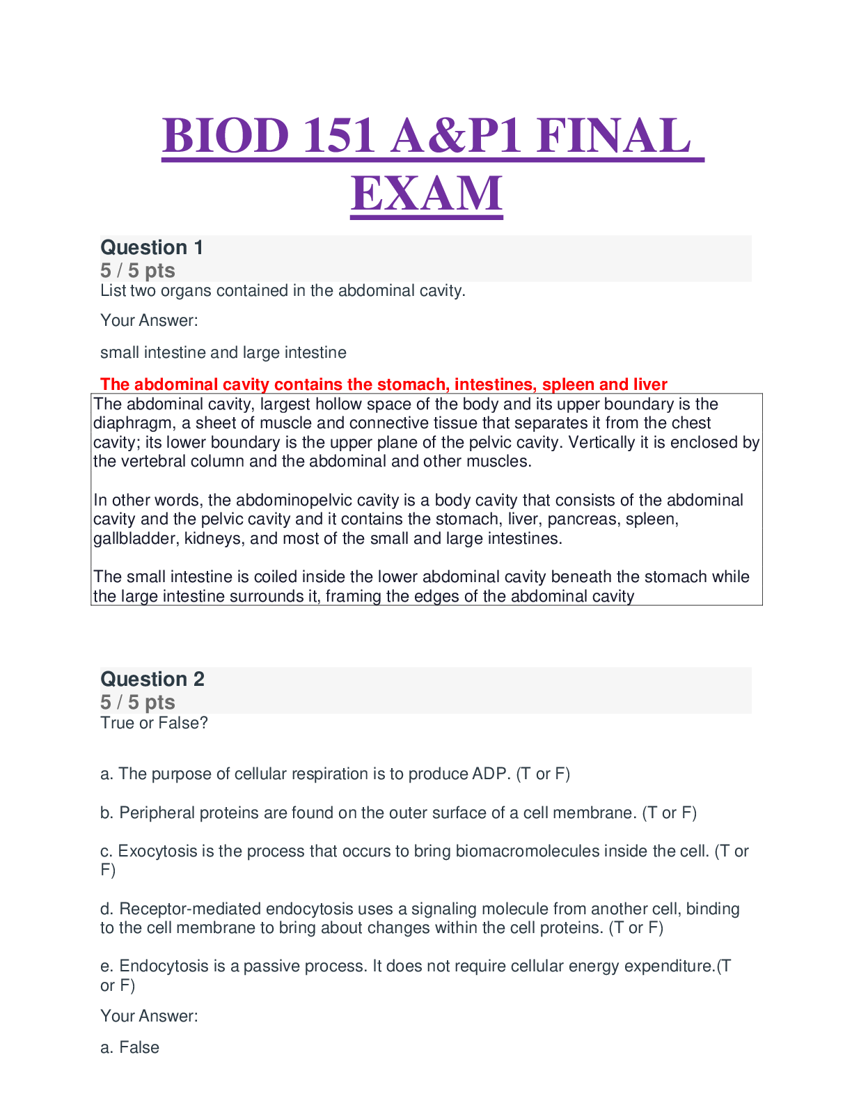 PORTAGE LEARNING BIOD 151 A&P1 FINAL EXAM QUESTIONS AND ANSWERS NEW